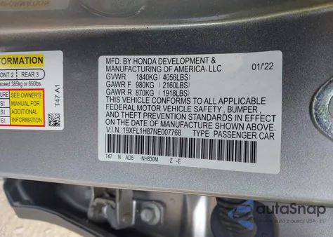 2022 Honda Civic Sport Touring from USA, damaged, VIN 19XFL1H87NE007768
